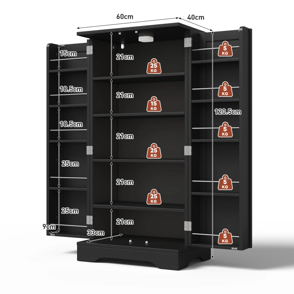 Armadio da cucina moderno 120x60x40 cm in MDF, mobile freestanding con LED sensor e ripiani regolabili, nero