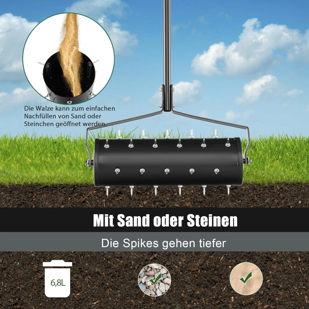 Arieggiatore per Prato a Rullo 44/53 cm, Aeratore Rullo da Giardino Manuale con Chiodi da 3,5 cm, in Metallo Antiruggine con Manico, Ideale per Prato, Orto e Terreno (53 x 130 cm, Nero)