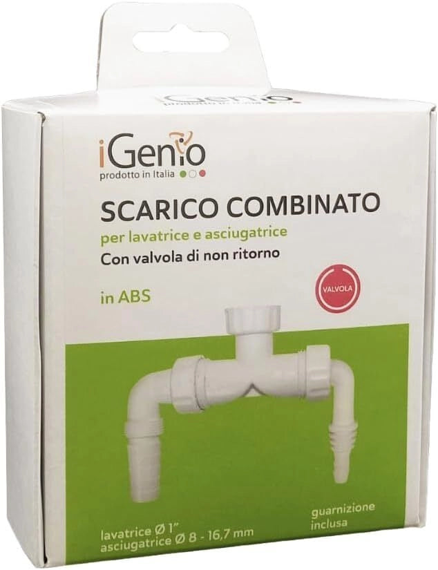 Igenio 933 Scarico Combinato per Lavatrice e Asciugatrice con Valvola di Non Ritorno ABS attacco 1'' colore Bianco
