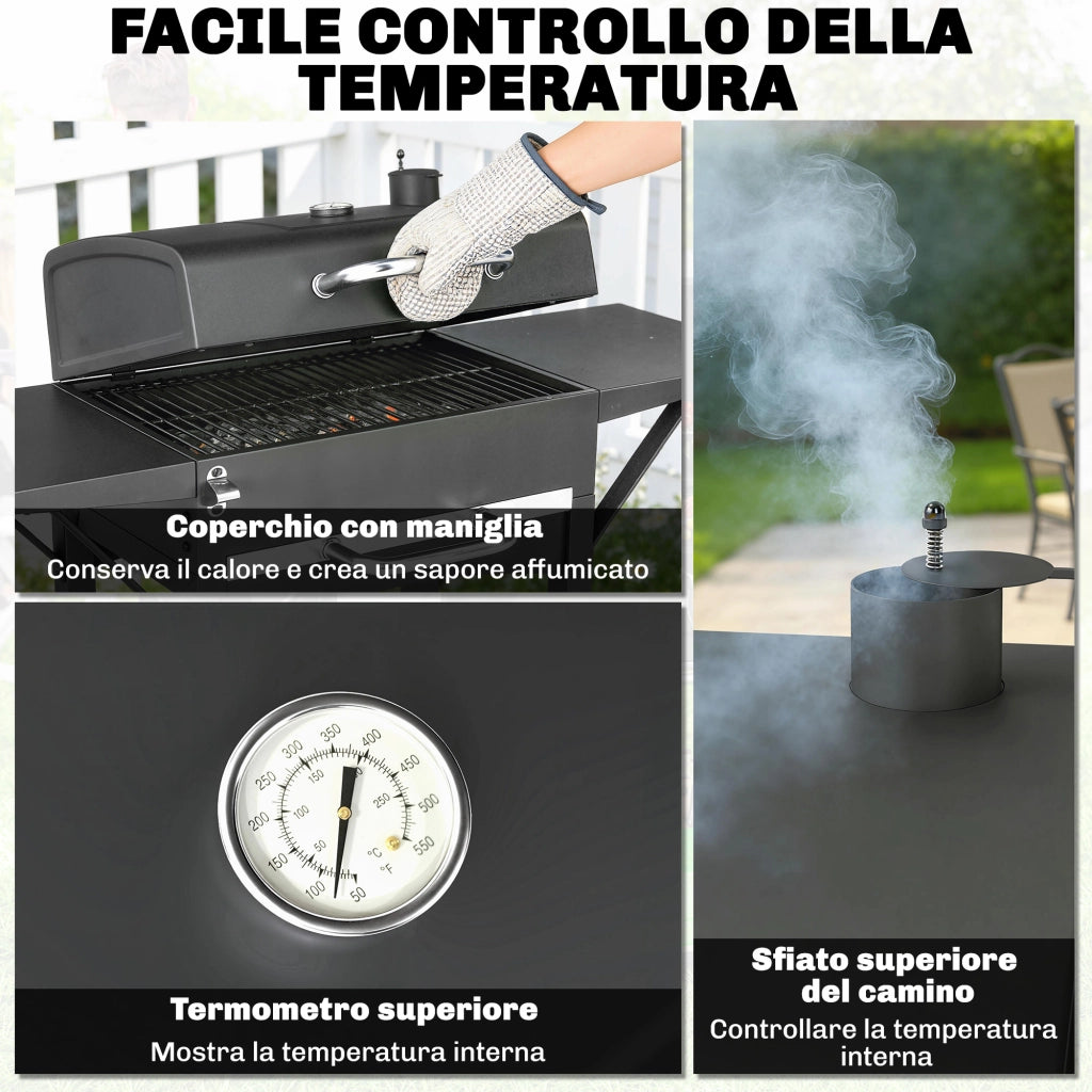Barbecue a Carbone con Termometro e Ruote - Xylo - Nero, 110x46.5x101 cm