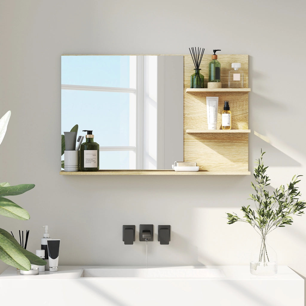 Specchio Bagno con Ripiani Laterali e Inferiore in Legno e Vetro ¨C Minimal ¨C 75x10x48 cm