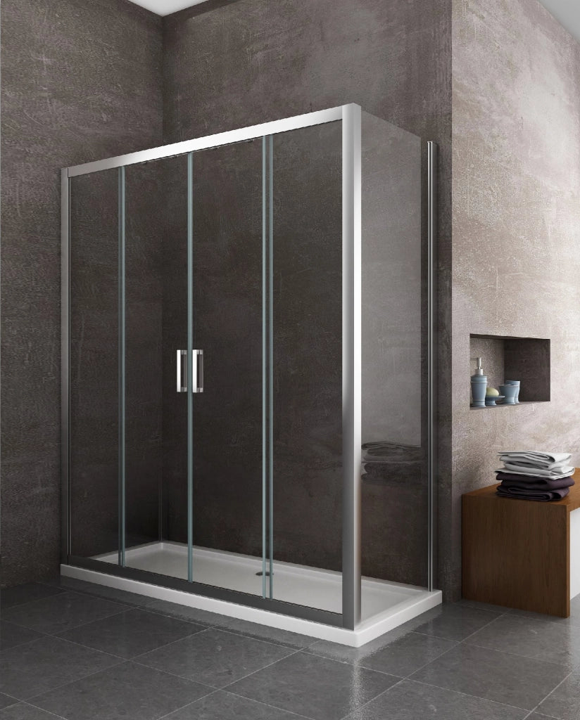 Box doccia 6 mm H 190 parete fissa e porta a 4 ante con apertura centrale MISURA 87,5-90 ANTA FISSA + PORTA 163-168