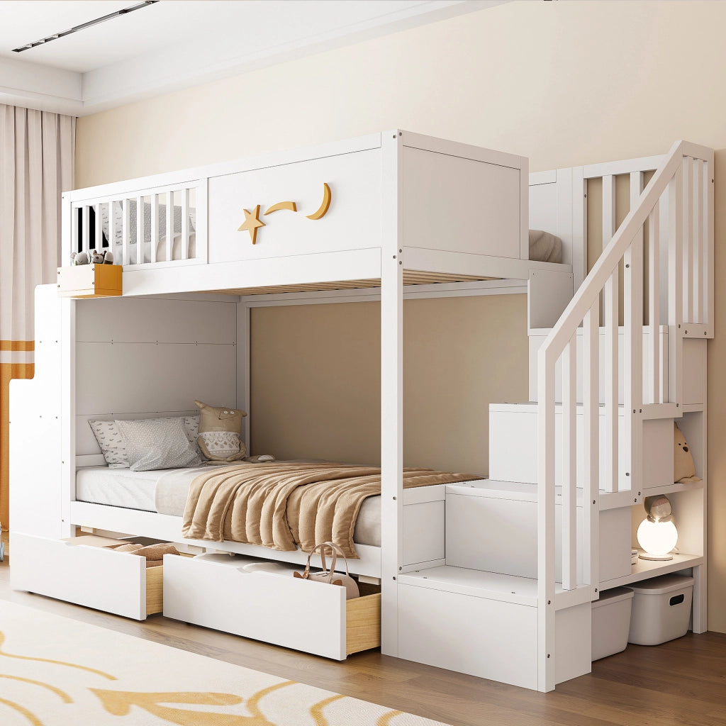 Letto a castello per bambini 90 x 200 cm bianco legno massiccio di pino cassetti scale di sicurezza scrivania e motivo a stella