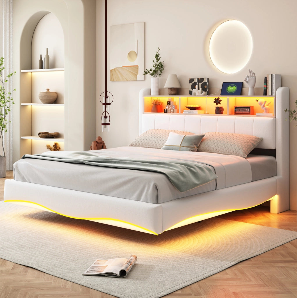 Letto imbottito sospeso 160x200 cm con LED; USB e Type-C; contenitore testiera; beige