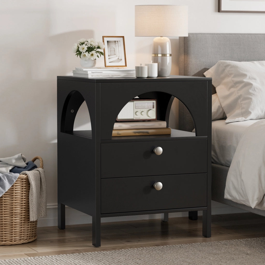 COMODINO moderno 45 x 40 x 58 cm nero con 2 cassetti e 1 vano aperto