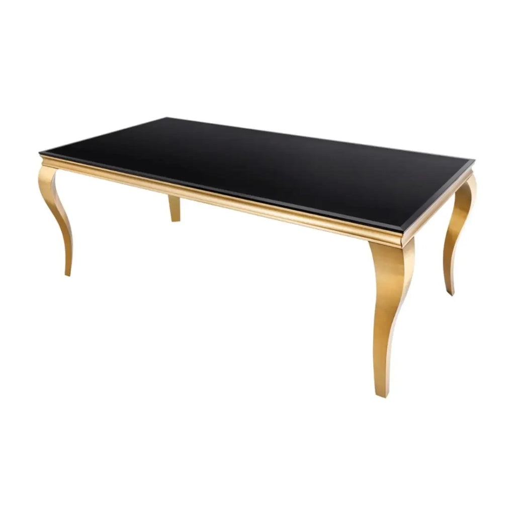 Tavolo da pranzo VELENA 180 cm – Piano in vetro nero e struttura in acciaio dorato – Eleganza barocca e design moderno