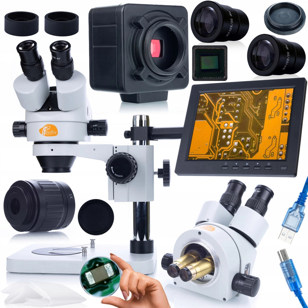 Set Microscopio Avanzato Mercury Pro con Telecamera, Supporto Display e Schermo 8" – Zoom 7x-45x, Testa Trinoculare