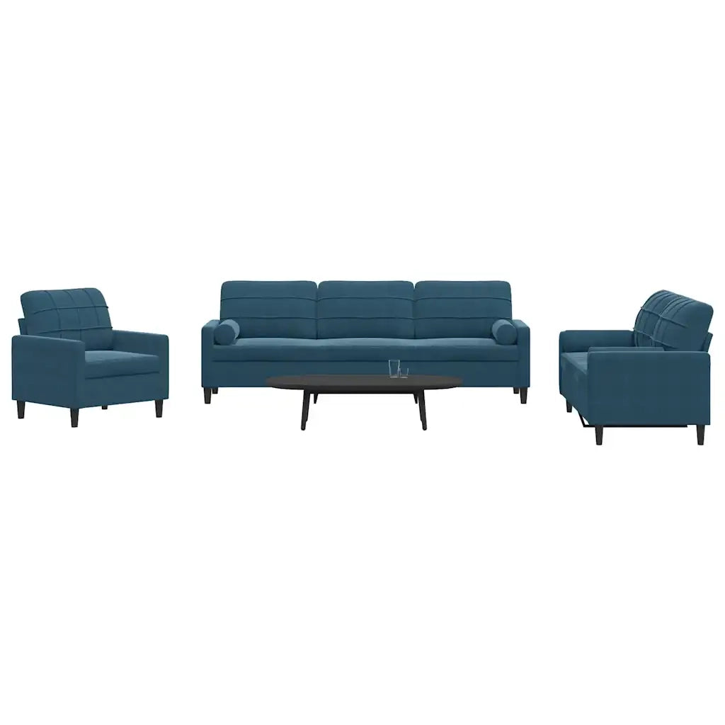 Set di Divani 3 pz con Cuscini e Rinforzi Blu in Velluto