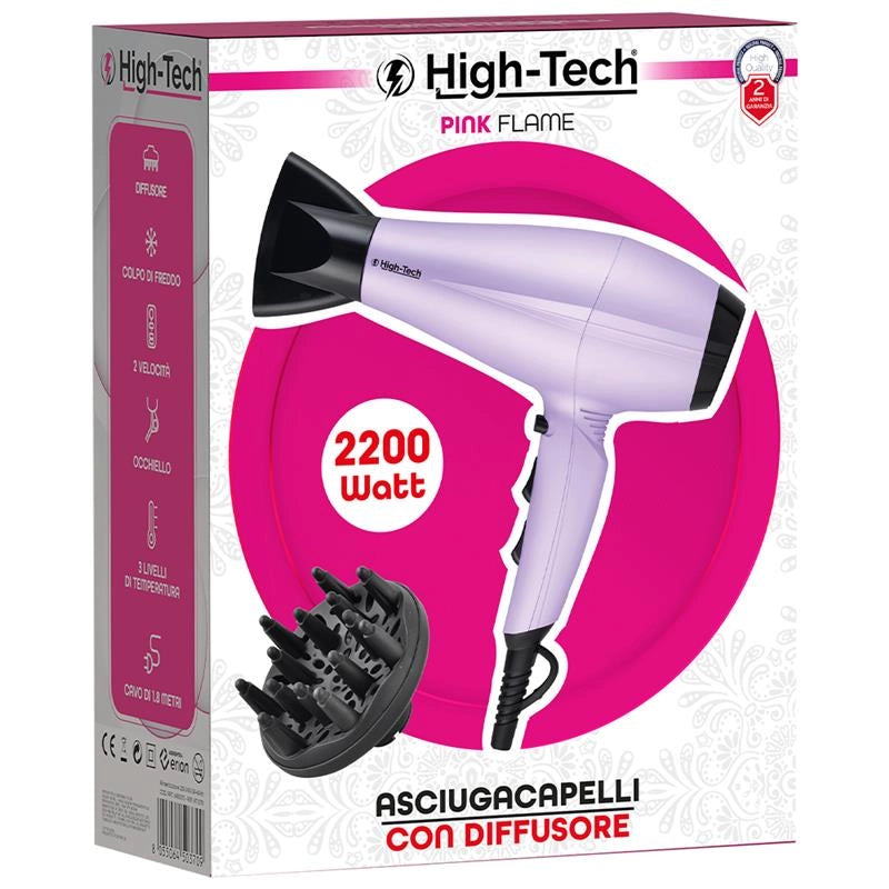 HIGH TECH ASCIUGA CAPELLI 2 VELOCITÀ. COLPO DI FREDDO, CON DIFFUSORE CAVO 1,8MT 2200W