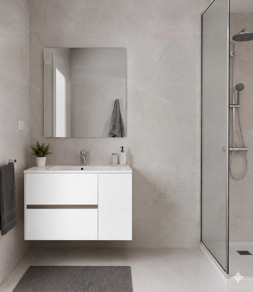 Mobile Bagno HEIMDALL Già Montato 2 cassetti e porta, lavabo e specchio Bianco lucido 120x45 cm doppio lavabo