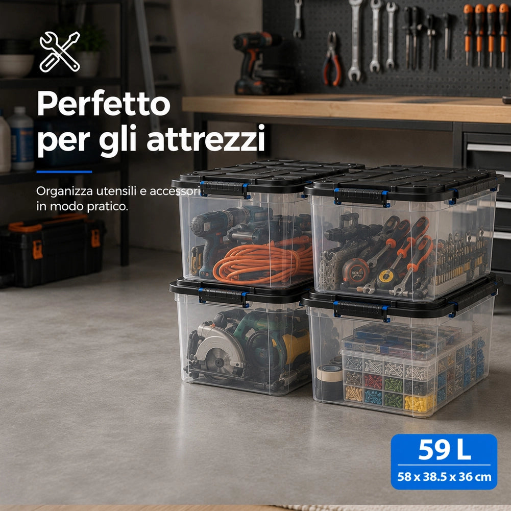 Set 4 Pezzi Contenitori con Coperchio Storage Box Solid Cargo 59L 58x38.5x36 cm