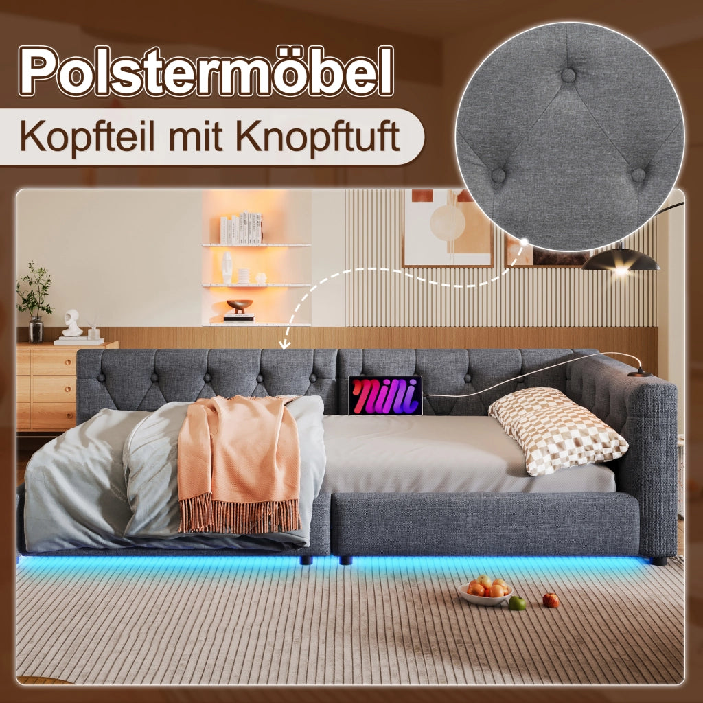 Letto divano con rete a doghe in lino grigio 90x200 cm