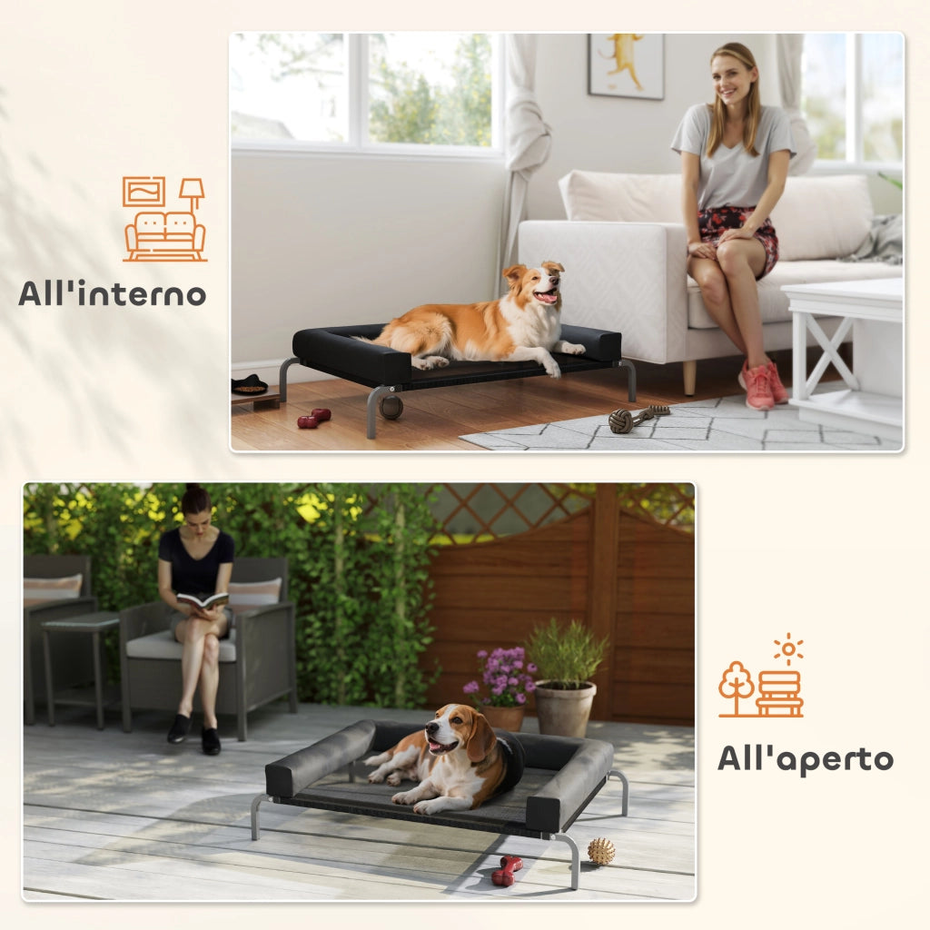 Lettino per Cani Rialzato con Cuscino ¨C Minimal ¨C Nero e Argento, Poliestere e Acciaio, 110x75x30 cm