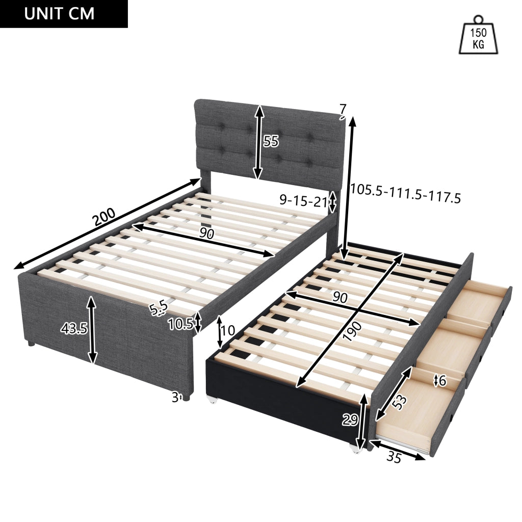 Letto a traguardo imbottito 90x200cm con 3 cassetti e letto estraibile in grigio