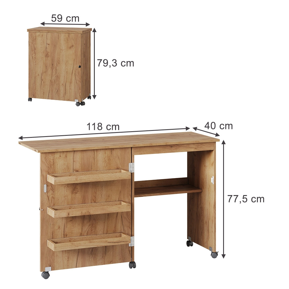 Vicco Tavolo da cucito Rovere 118 x 77.5 cm con 3 ripiani