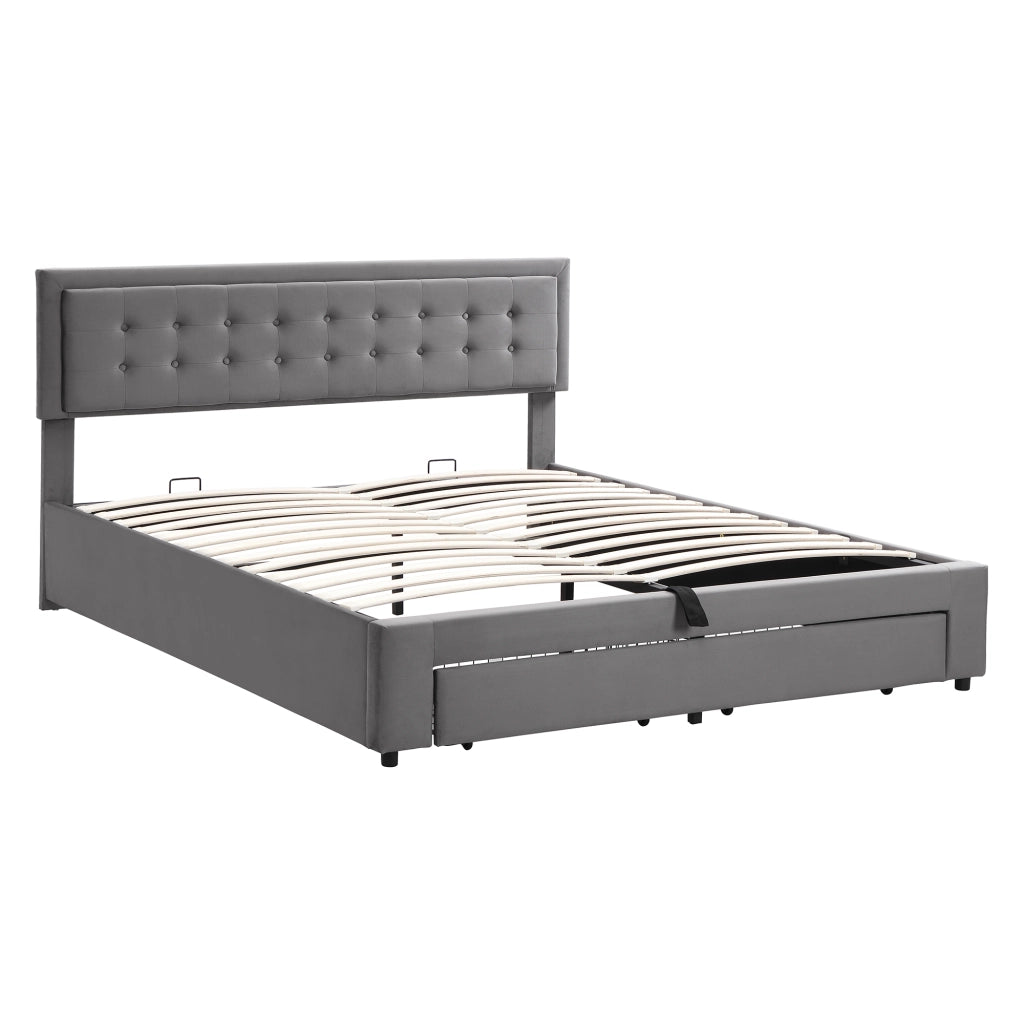 letto con contenitore in velluto grigio 160 x 200 cm