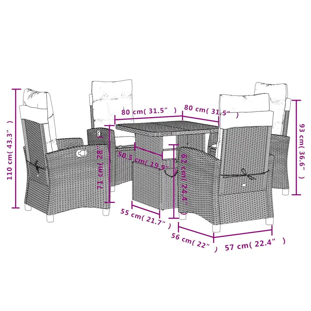 Set da Pranzo da Giardino 5 pz Nero con Cuscini in Polyrattan 3277386