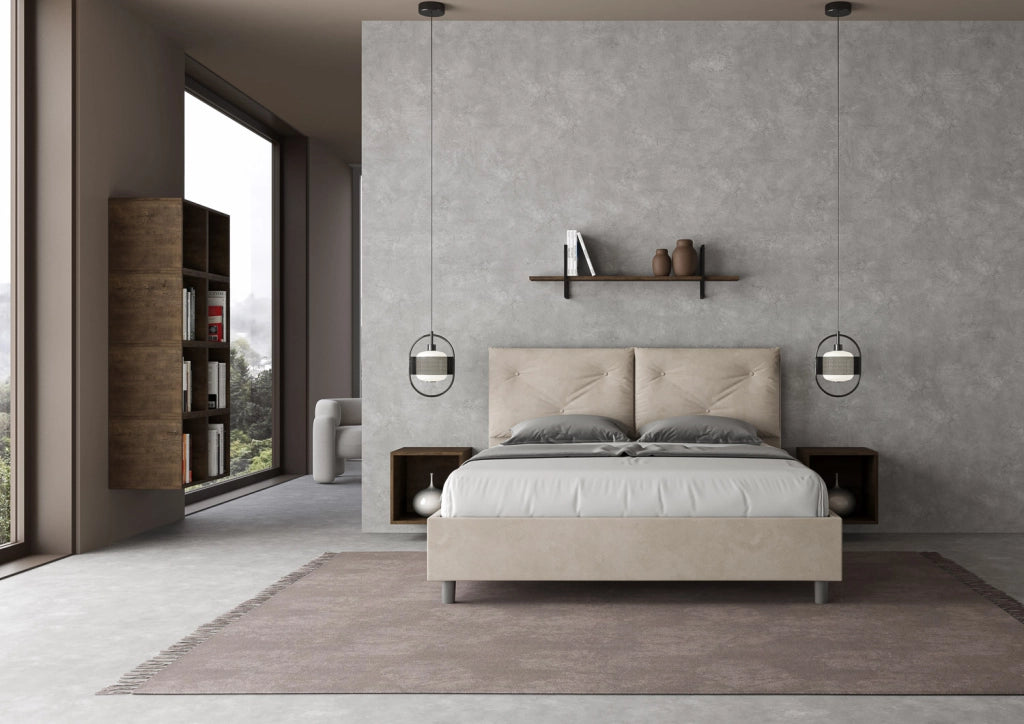 BS COM Letto queen size contenitore imbottito 150x190 microfibra sabbia Large