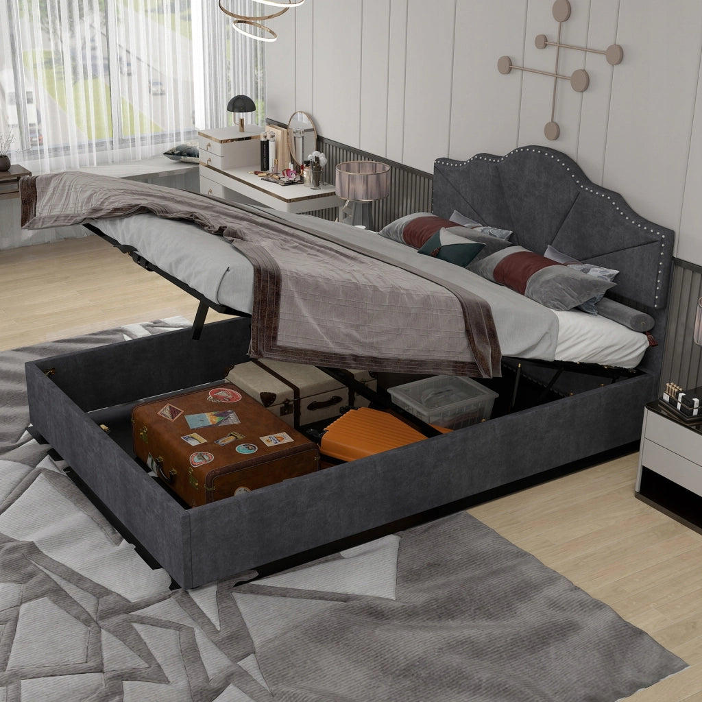 Letto imbottito con cassone - Xylo - 140x200 - Grigio - Alto
