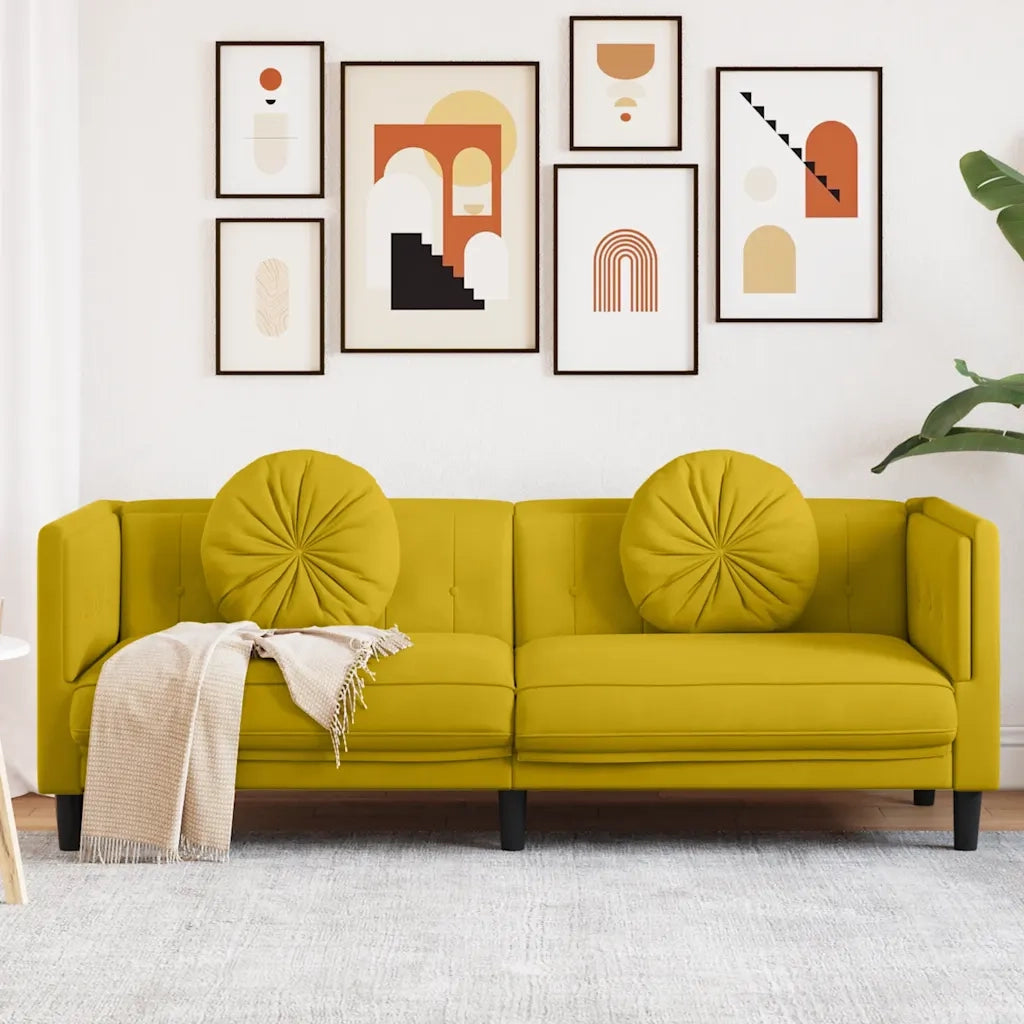 Divano a 3 Posti con Cuscini-Sofa 3 Posti con Cuscini Giallo in Velluto