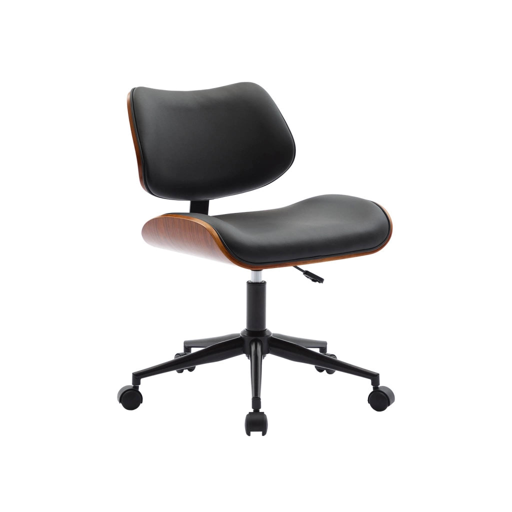 Sedia da ufficio con rotelle, effetto legno curvato e similpelle, nero