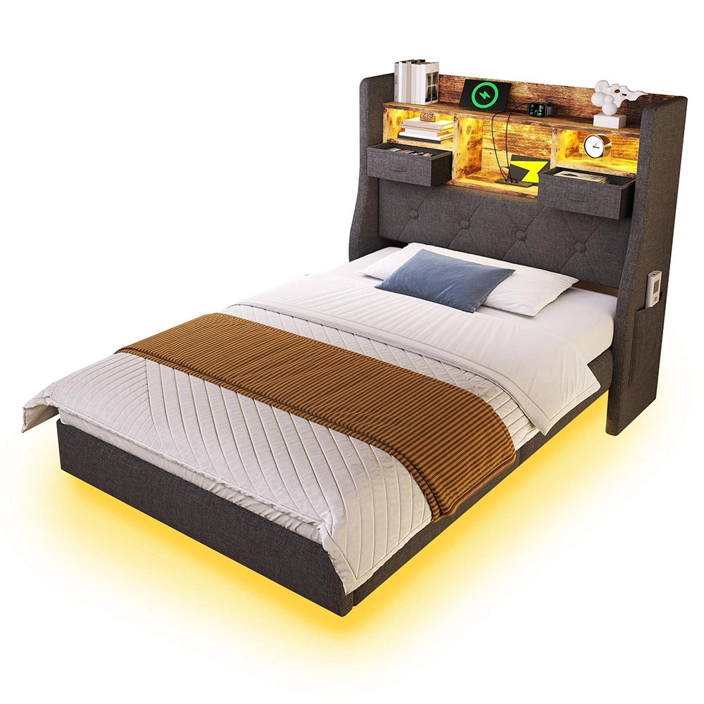 Letto sospeso 90x200cm?- Xylo - LED USB Type-C lino grigio