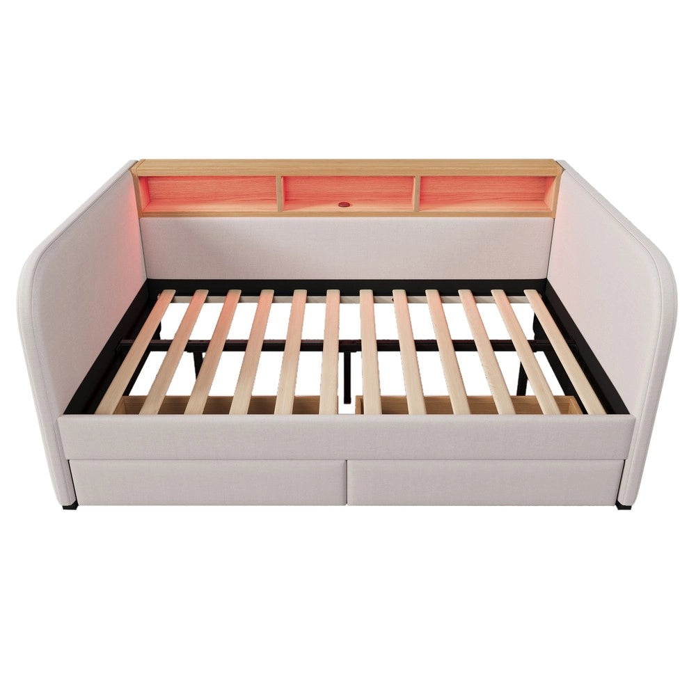Letto Imbottito Contenitore con LED e 2 Cassetti ¨C Xylo ¨C Tessuto Beige Chiaro 140x190