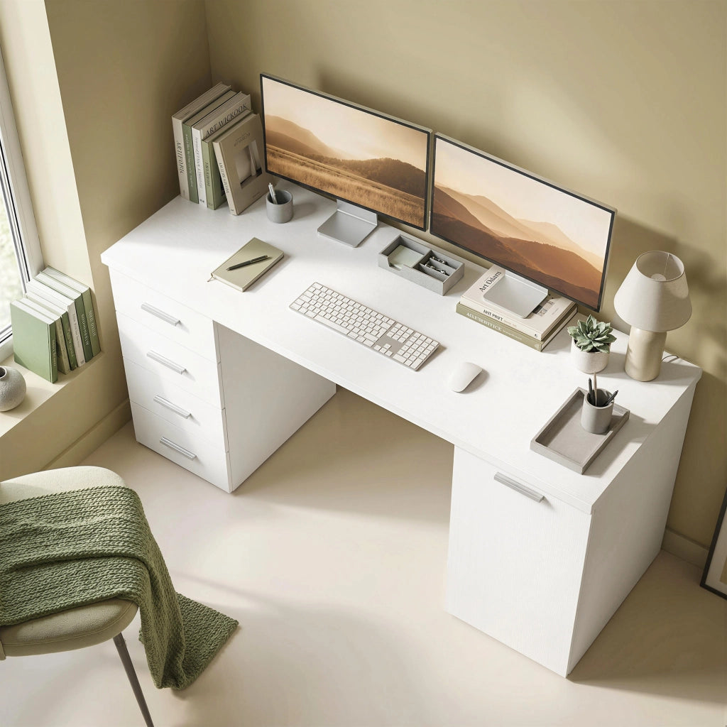 Scrivania con 4 cassetti e anta ¨C Xylo ¨C 140 cm bianco legno