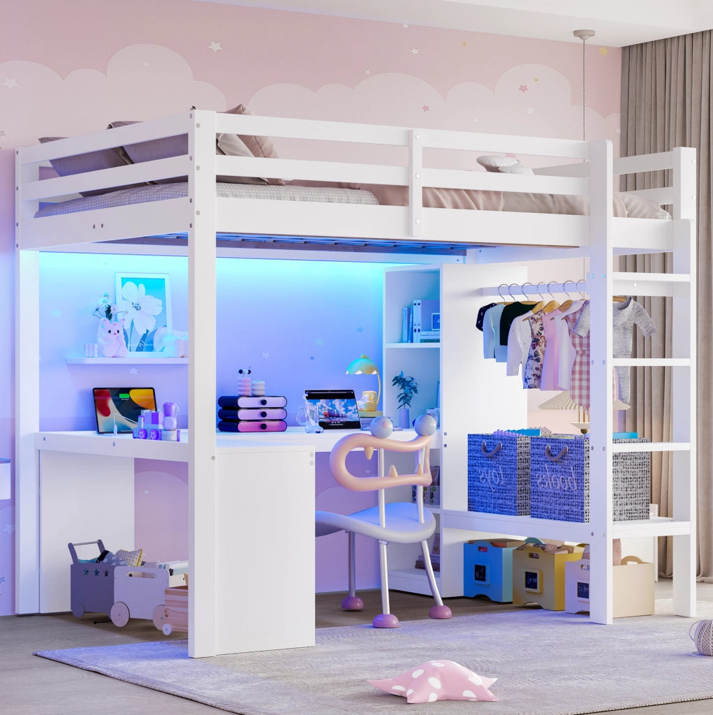 Letto a soppalco 140x200 cm con scrivania integrata; ripiani LED e USB; bianco