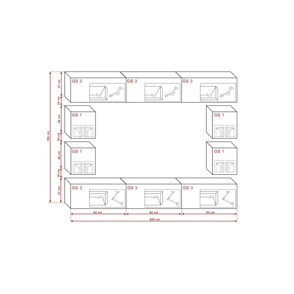 Set di mobili da soggiorno bianchi sospesi collezione CEPTO XVII 249cm, 10 pezzi, con LED, modulari.