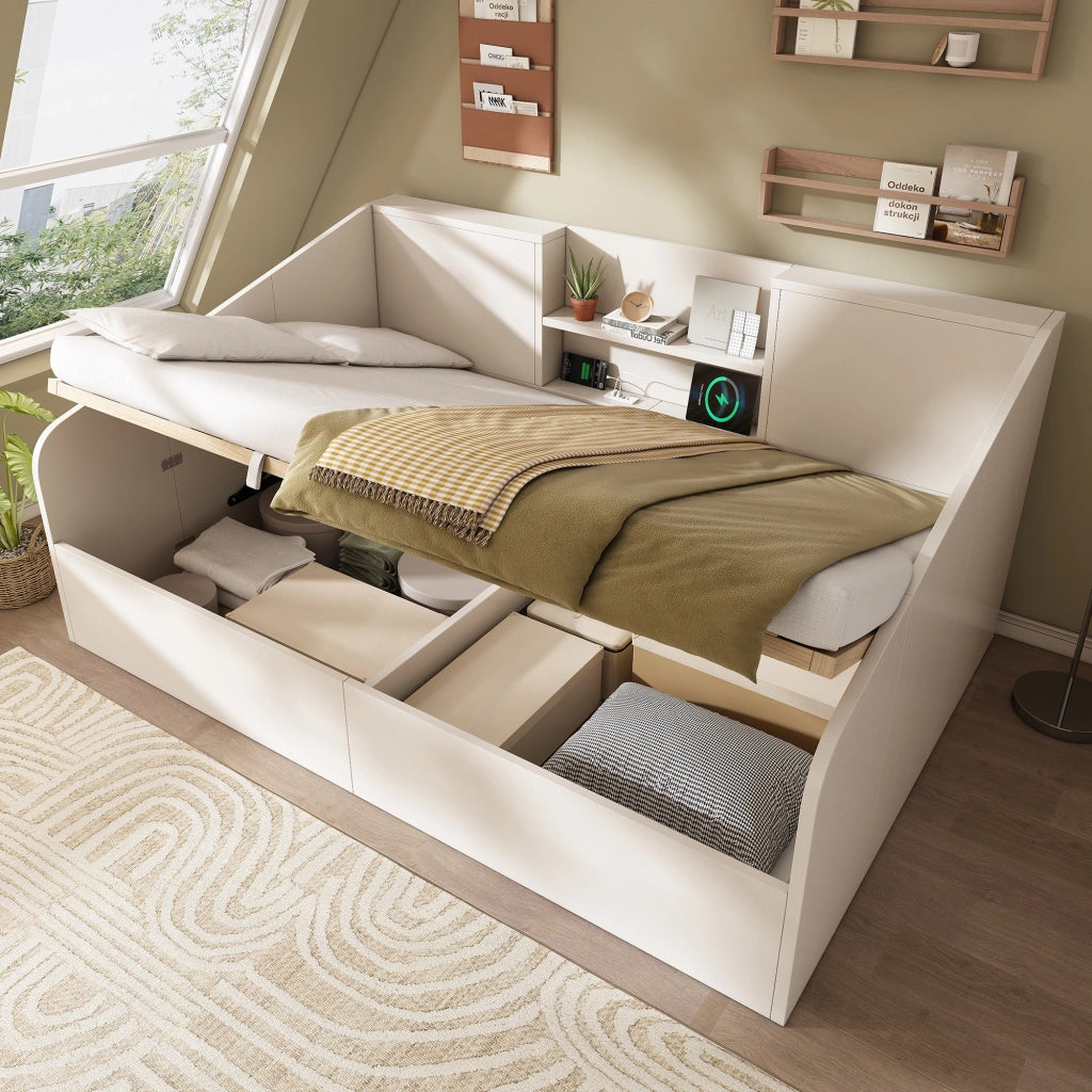 Letto a Divanetto 140 x 190 cm con Contenitore; USB; Type-C e Mensole in Legno - Bianco