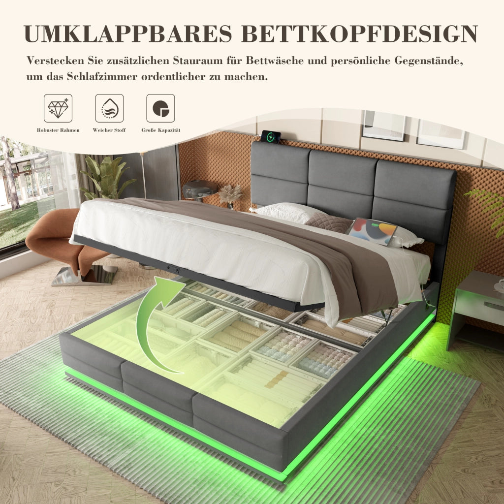 Letto Matrimoniale 180x200 cm con LED; USB; Type-C e contenitore; testiera regolabile