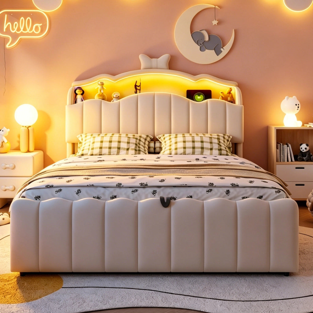 LETTO 140x200 cm imbottito in velluto beige con LED, USB, USB-C e vano contenitore