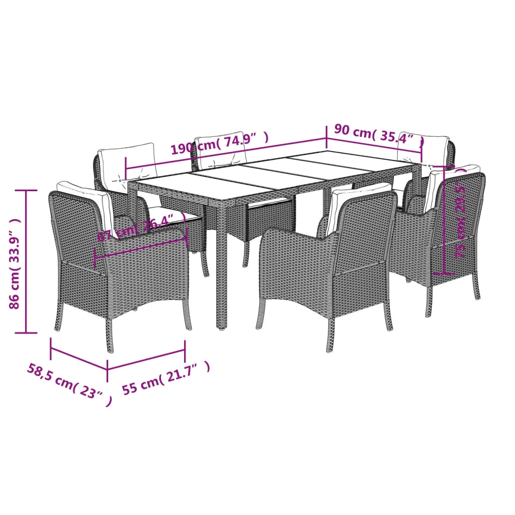Set da Pranzo da Giardino 7 pz con Cuscini in Polyrattan Grigio