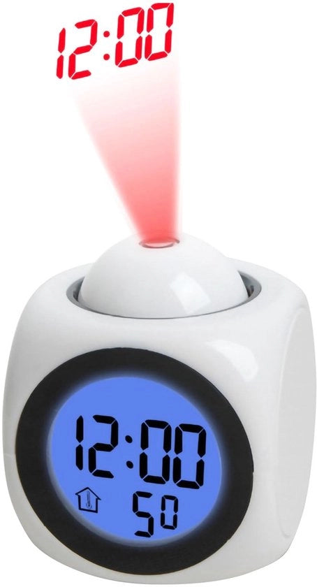 Alarme con Projector - Orologio da Notte Digitale - Funzione Musica e Voce - Bianco - Modalità Snooze - Adatto per Camera da Letto - Ricarica USB