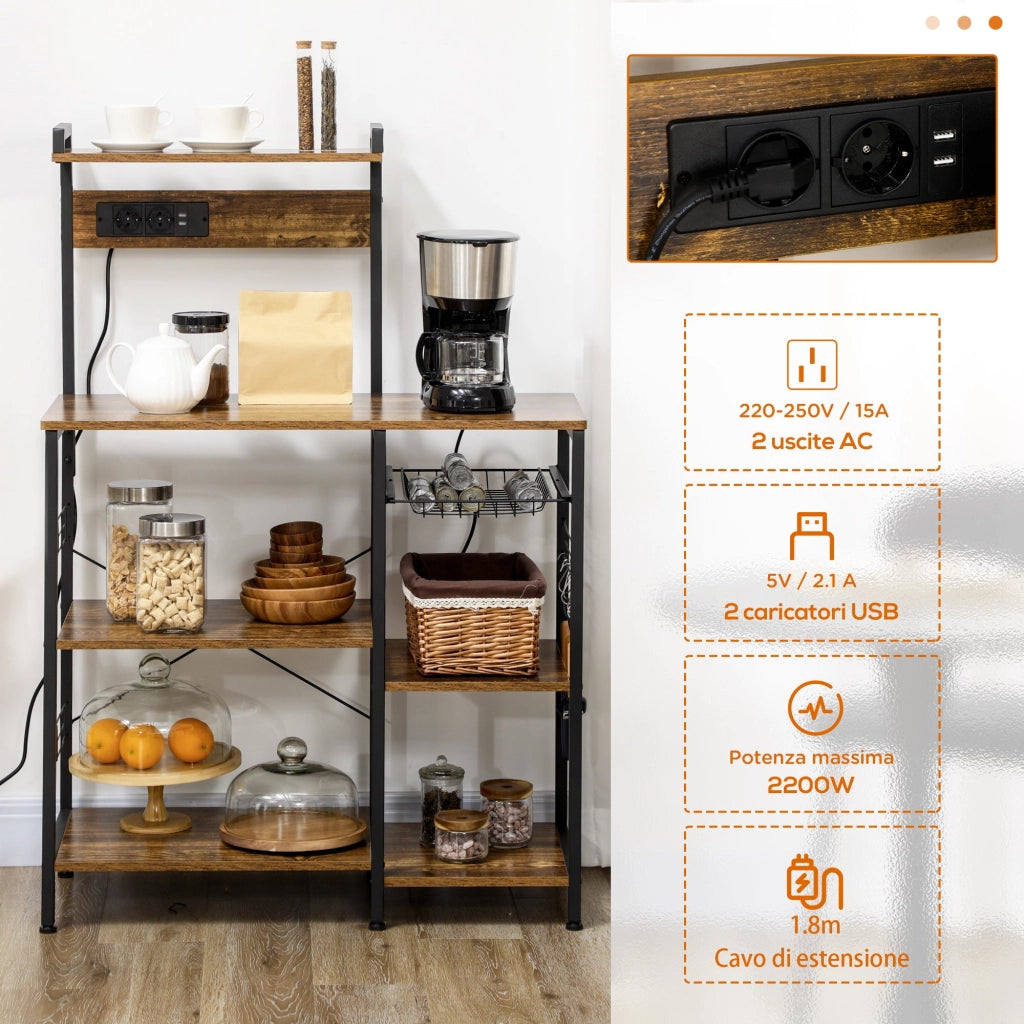 Scaffale Cucina con Multopresa 90x42x130 cm in Legno e Acciaio Marrone Rustico