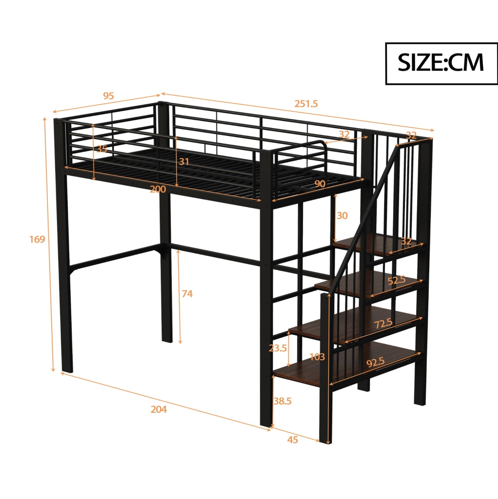 Letto a soppalco 90x200 in metallo con scala e spazio sottostante