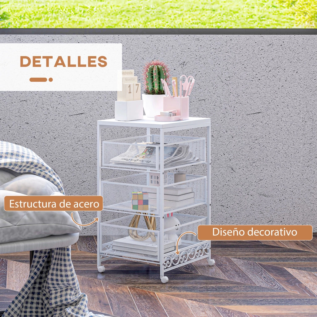 Carrello multiuso 3 ripiani con ruote e cestini ¨C Xylo ¨C Bianco 34x29,5x57,5cm