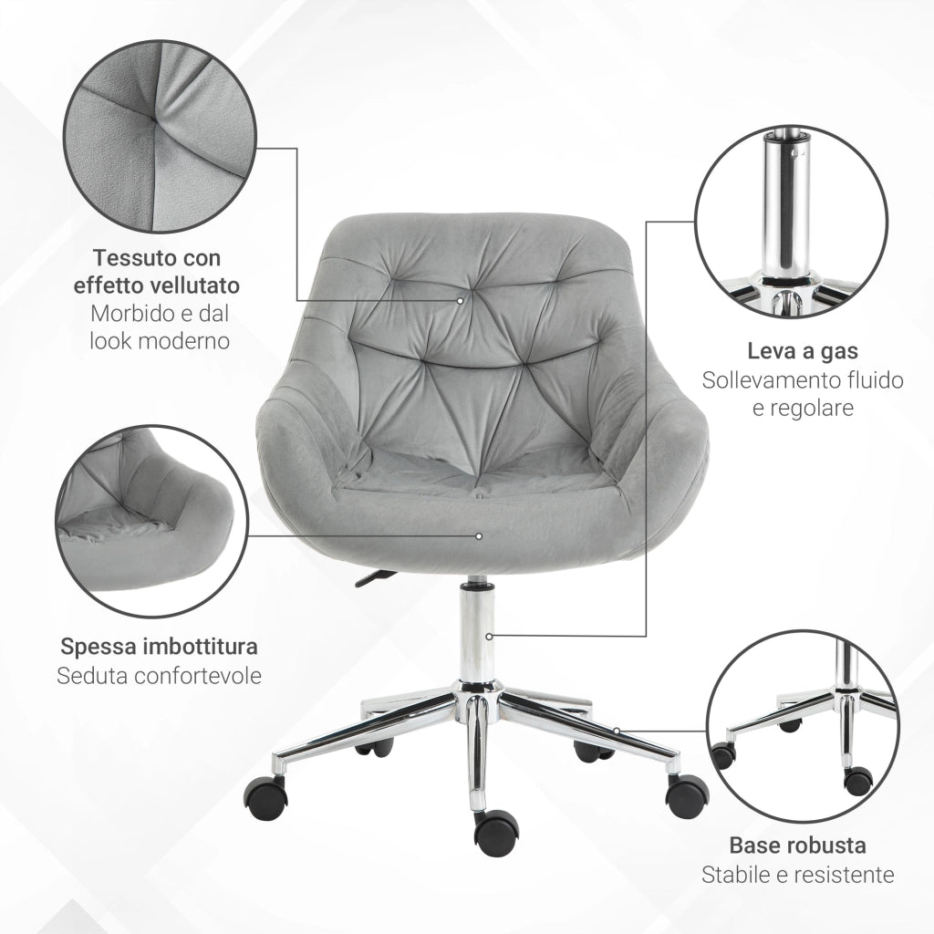 Sedia da Ufficio Girevole ¨C Xylo ¨C Velluto Grigio, Altezza Regolabile, 59x58x80-90cm