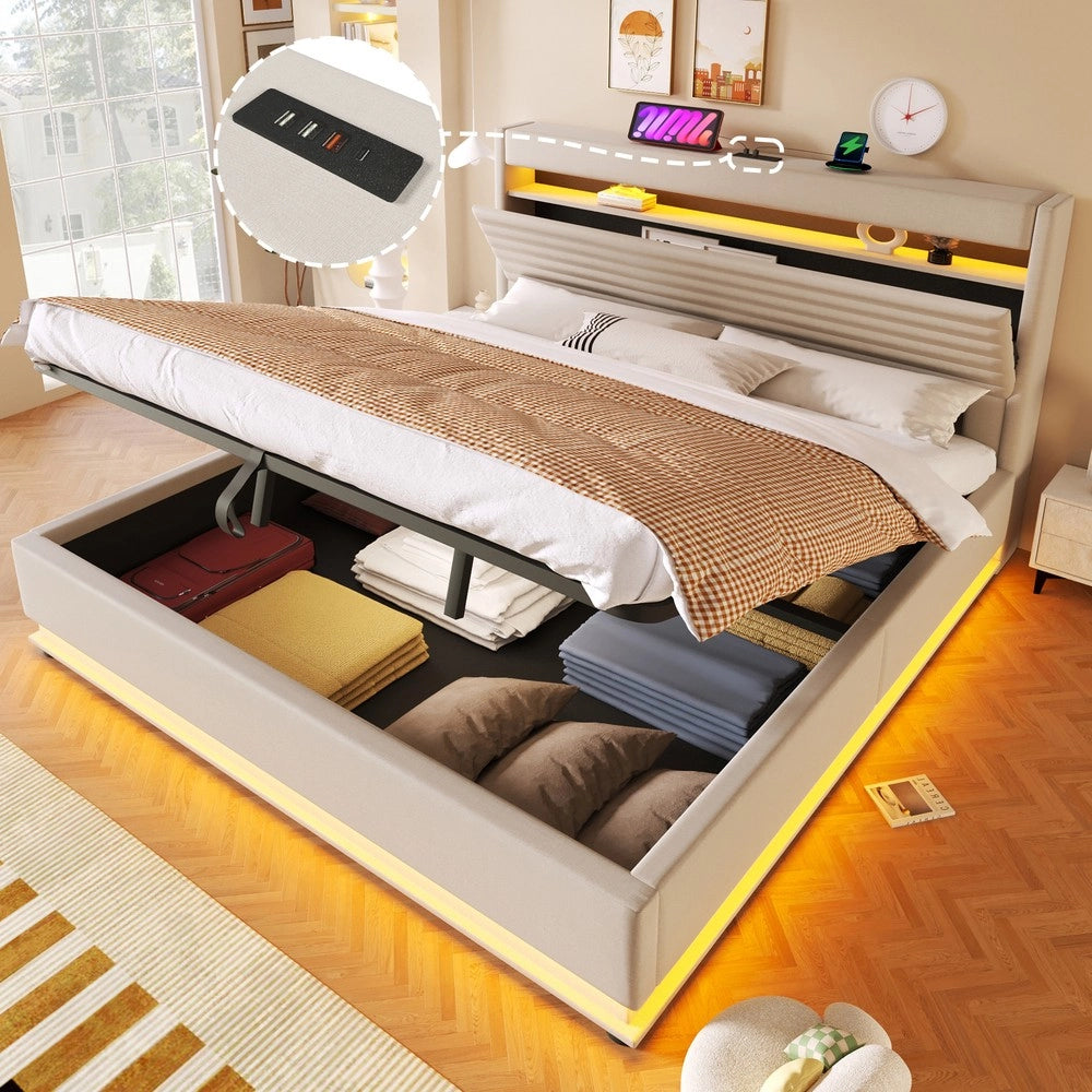 Letto Imbottito Contenitore con LED e USB ¨C MINIMAL ¨C Matrimoniale 180x200, Tessuto Beige