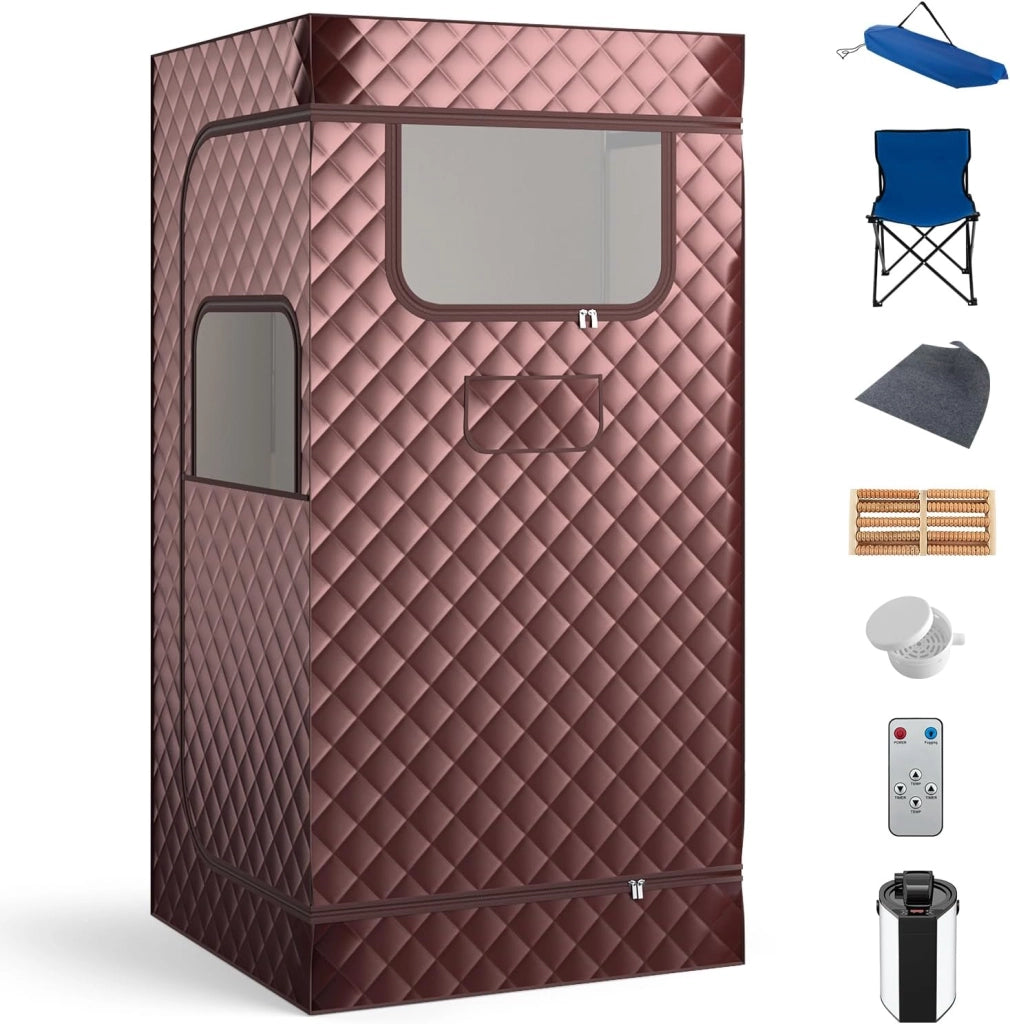 Sauna a Vapore Portatile 3L, Sauna da Casa con 9 Livelli di Regolazione della Temperatura da 35-63℃, Telecomando, Sedia Pieghevole e Massaggiatore per Piedi in Legno (caffè)