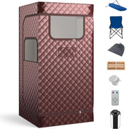 Sauna a Vapore Portatile 3L, Sauna da Casa con 9 Livelli di Regolazione della Temperatura da 35-63℃, Telecomando, Sedia Pieghevole e Massaggiatore per Piedi in Legno (caffè)