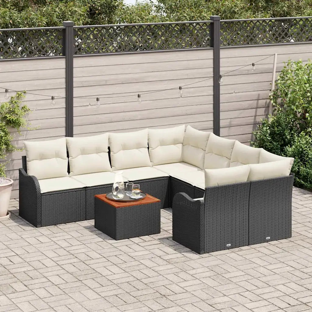 Set Divano da Giardino con cuscino 9 pcs Nero polyrattan