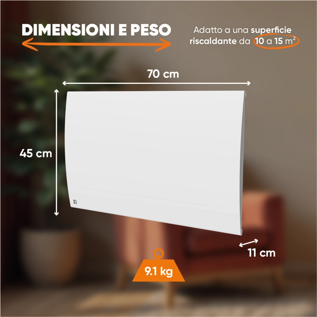 Radiatore elettrico fisso connesso WIFI con inerzia a secco in ceramica 1500W LESSO CONNECT orizzontale bianco