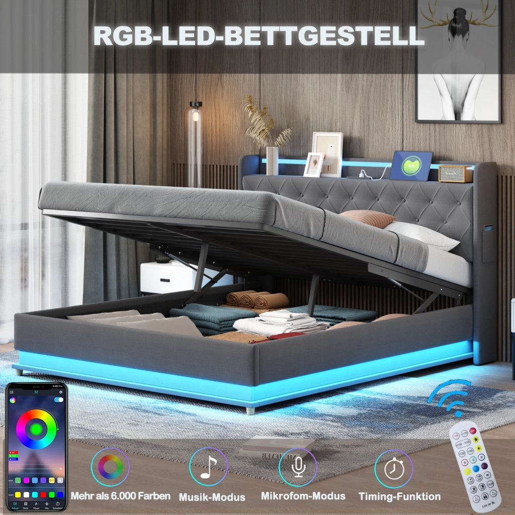 LETTO imbottito LED 160x200 cm grigio con USB e contenitore