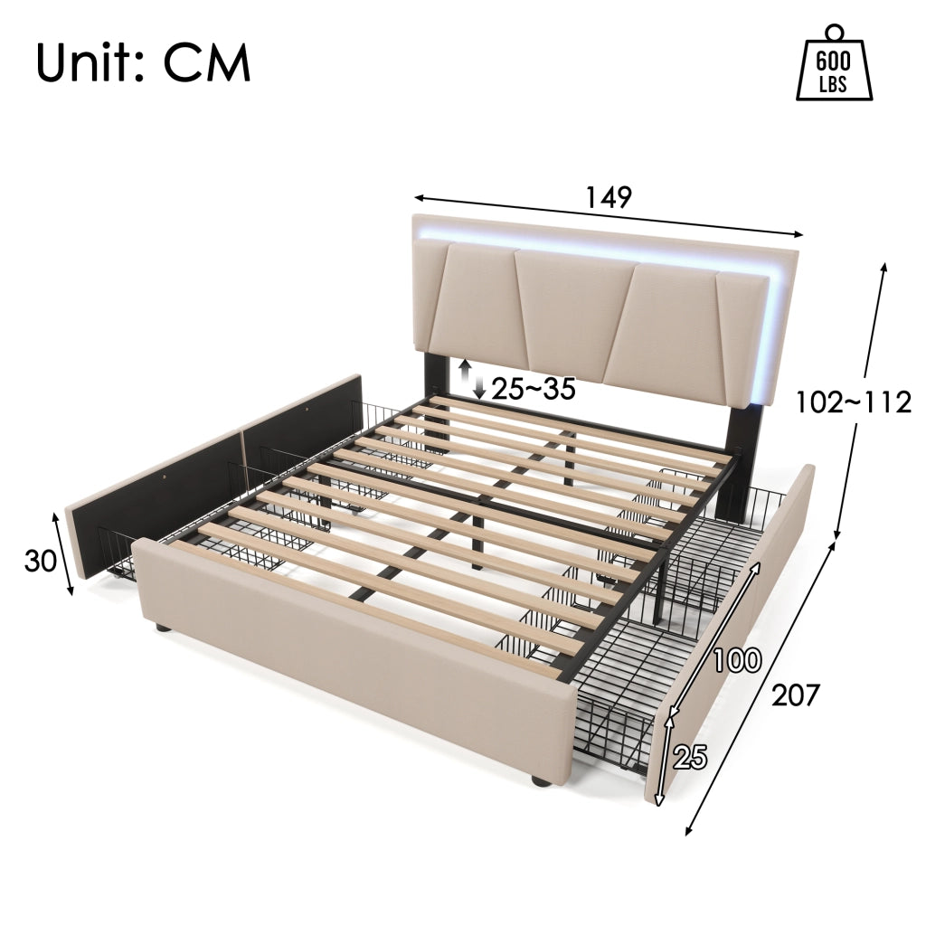 LETTO 140x200 cm Beige con testiera regolabile, LED e 4 cassetti