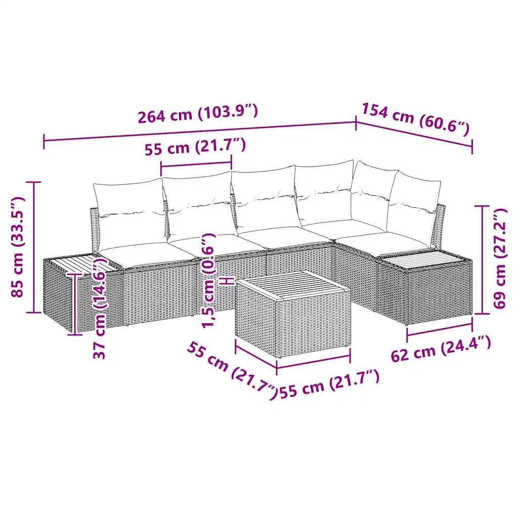 Set Divano da Giardino con cuscino 6 pcs Beige Poly Rattan 3348092