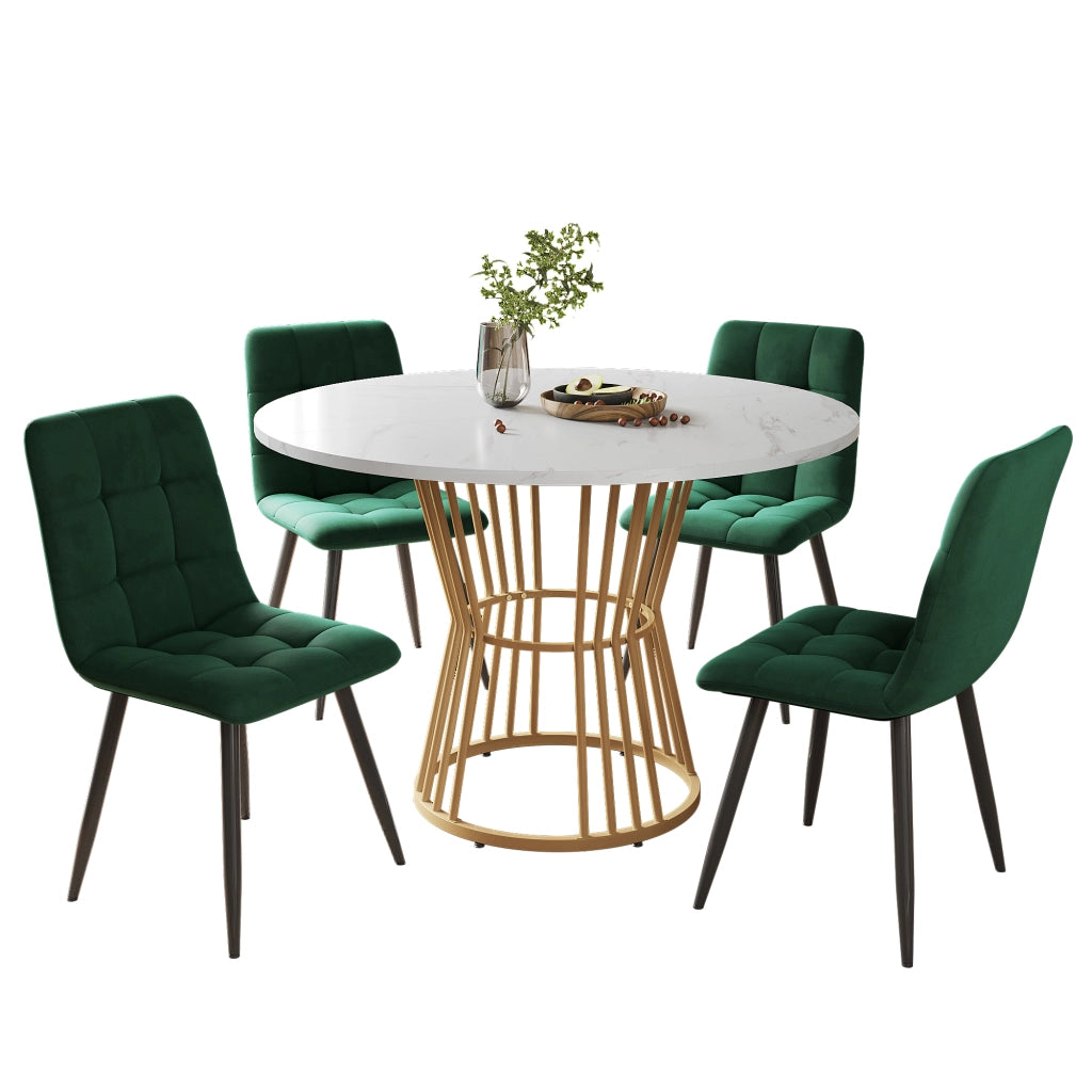 Set Tavolo da Pranzo Rotondo con 4 Sedie ¨C Xylo ¨C Piano Bianco MDF, Gambe Metallo Oro, Velluto Verde, ?100 cm