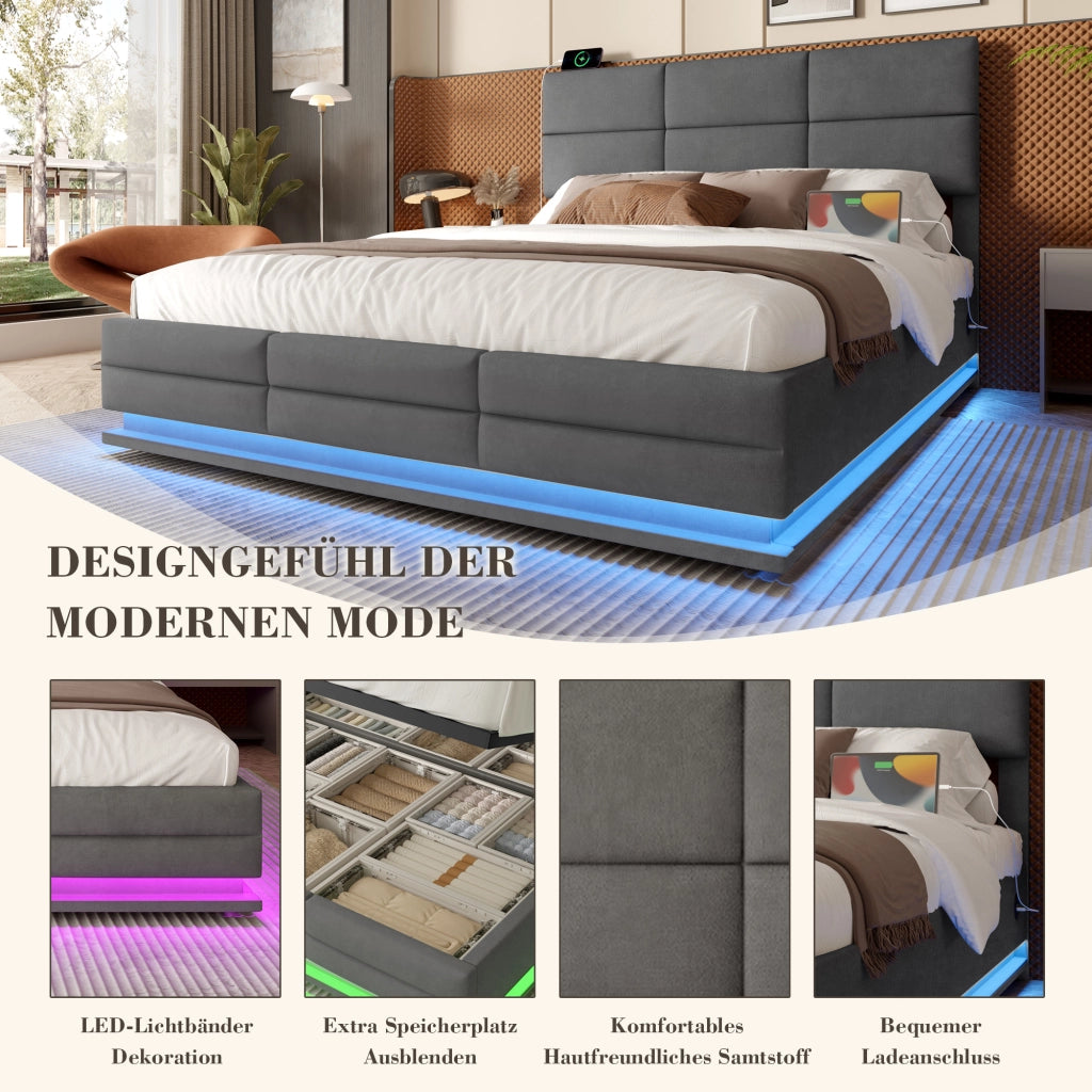 Letto Matrimoniale 180x200 cm con LED; USB; Type-C e contenitore; testiera regolabile