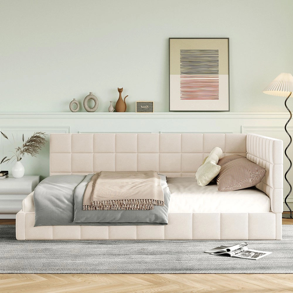 Letto Imbottito con Rete a Doghe ¨C MINIMAL ¨C Velluto Beige 140x200